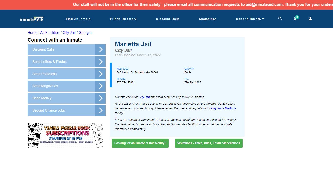 Marietta Jail | Inmate Locator