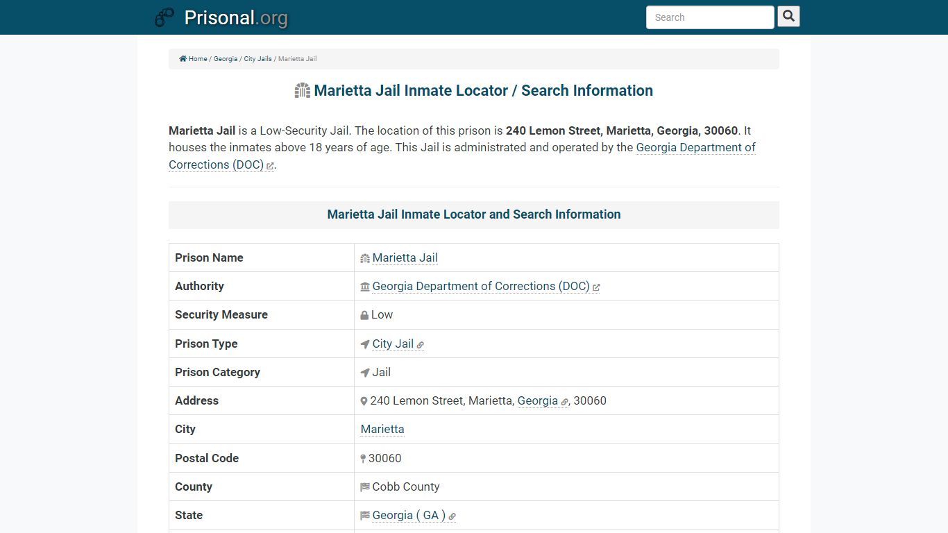 Marietta Jail-Inmate Locator/Search Info, Phone, Fax ...